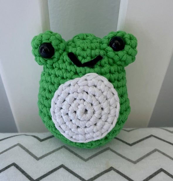 Henri the frog crochet amigurumi plushie toy handmade craft finished object made from Woobles learn to crochet kit