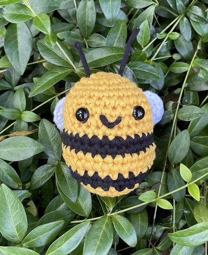 Cornelius the Bee crochet amigurumi plushie toy handmade craft finished object made from Woobles learn to crochet kit