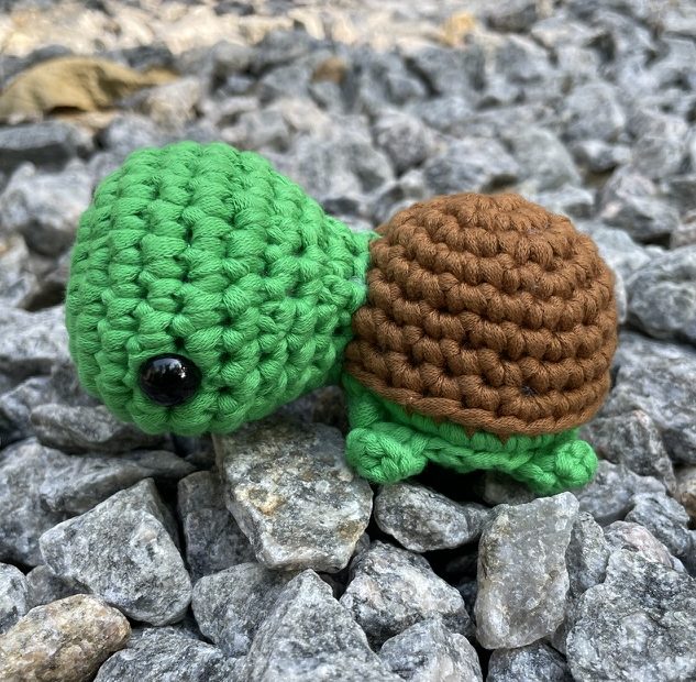 Emilio the Turtle crochet amigurumi plushie toy handmade craft finished object made from Woobles learn to crochet kit