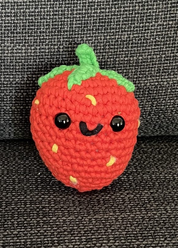 Alice the strawberry crochet amigurumi plushie toy handmade craft finished object made from Woobles learn to crochet fruit kit