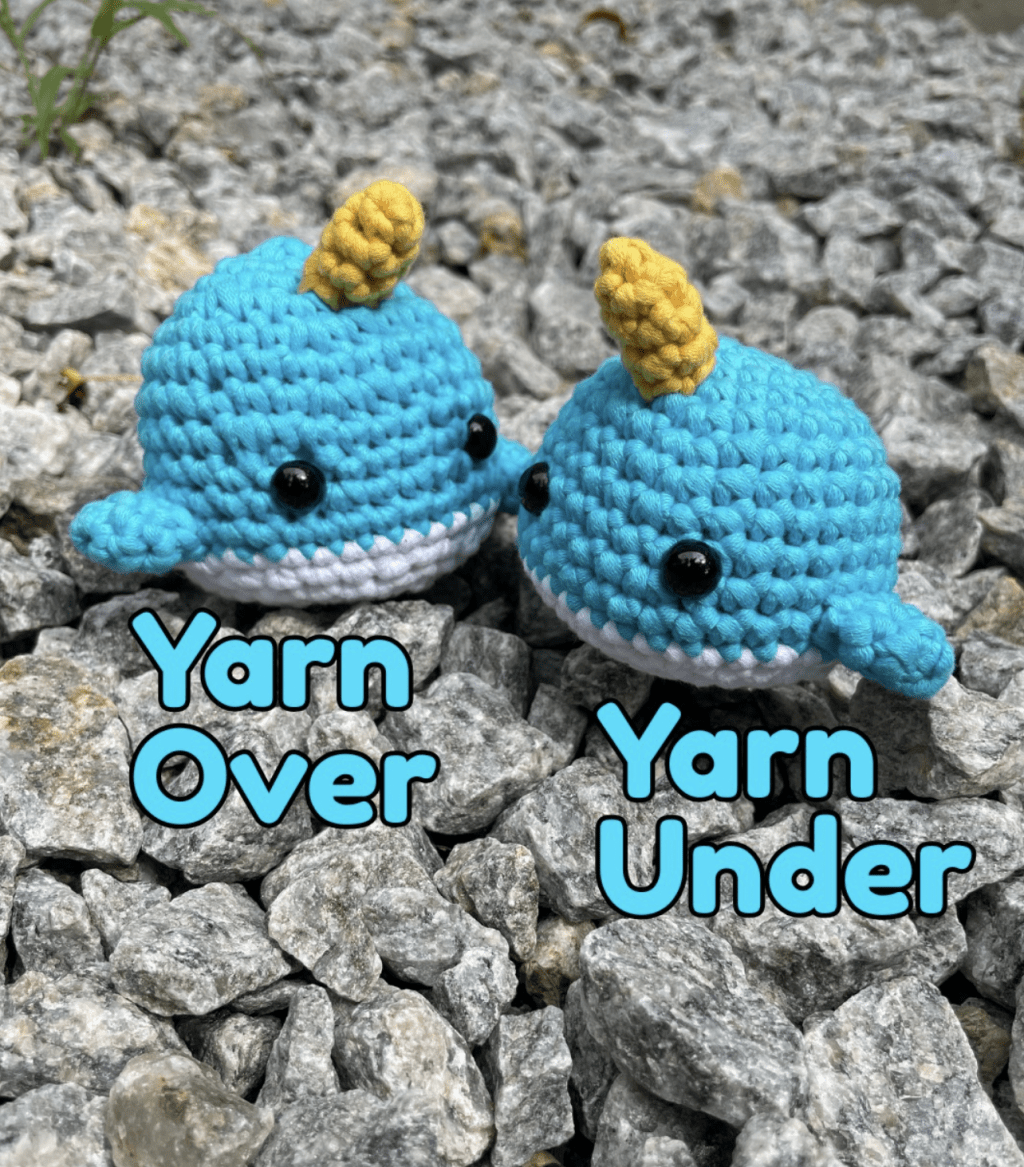 2 Bjørn the Narwhal crochet amigurumi plushie handmade crafts made from Woobles learn to crochet kits, 1 done with yarn over technique and 1 done with yarn under technique