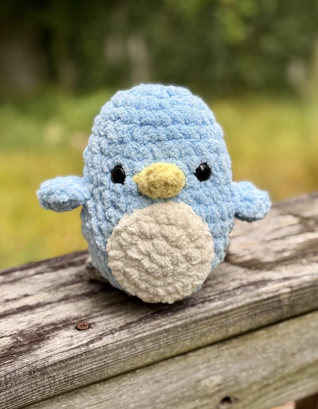 Plushie version of Woobles Pierre the Penguin crocheted handmade amigurumi finished object made with chenille yarn