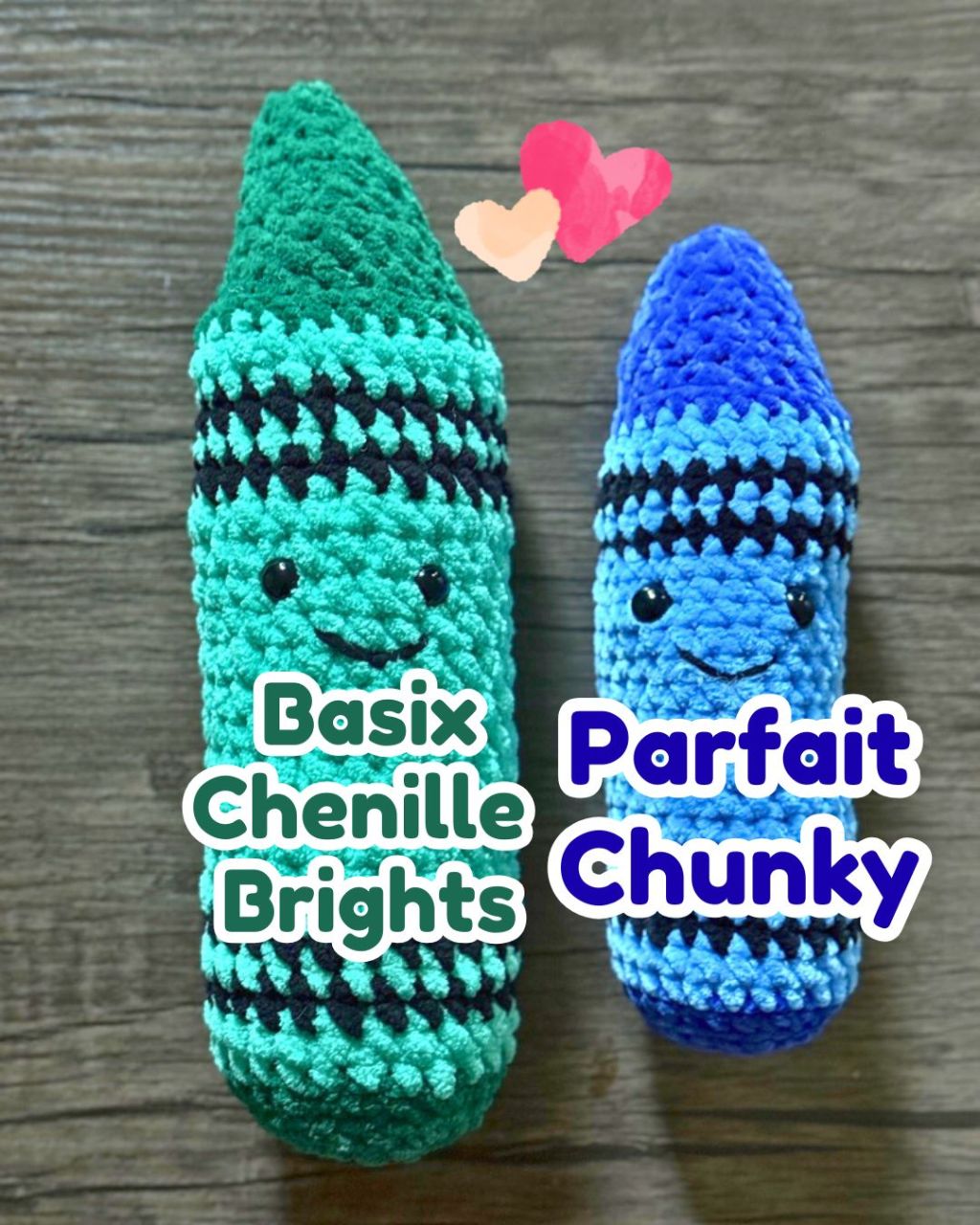 2 crocheted amigurumi crayons: 1 green one made with Premier Basix Chenille Brights yarn and 1 blue one made with Premier Parfait Chunky Yarn