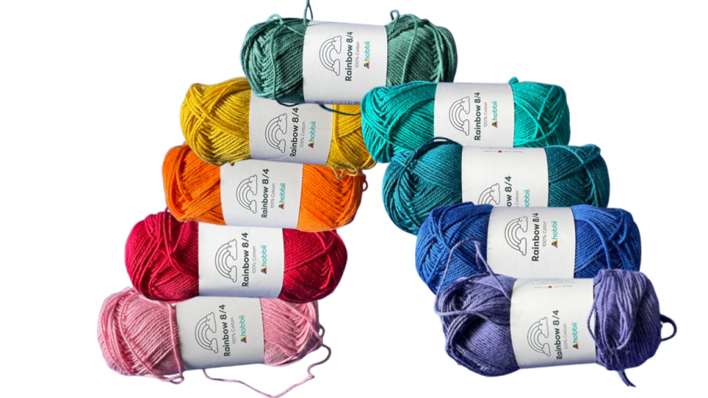 Hobbii rainbow cotton 8/4 yarn skeins of rainbow colors
