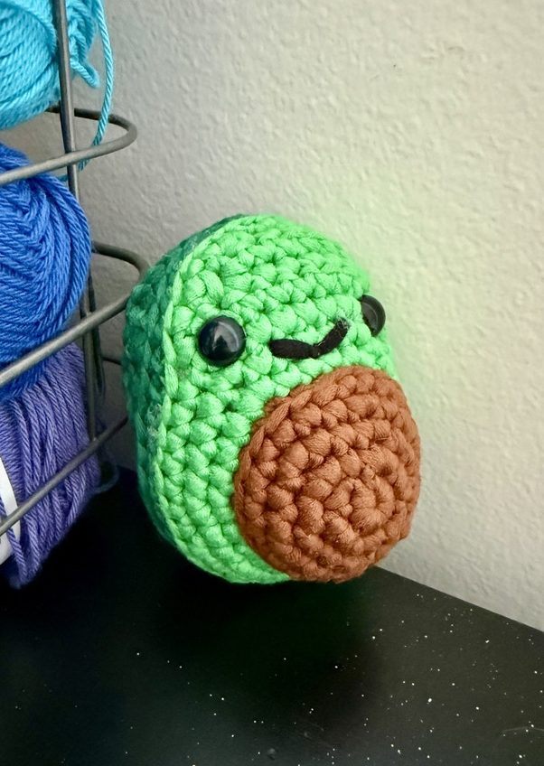 Mateo the Avocado crochet amigurumi plushie toy handmade craft finished object made from Woobles learn to crochet kit