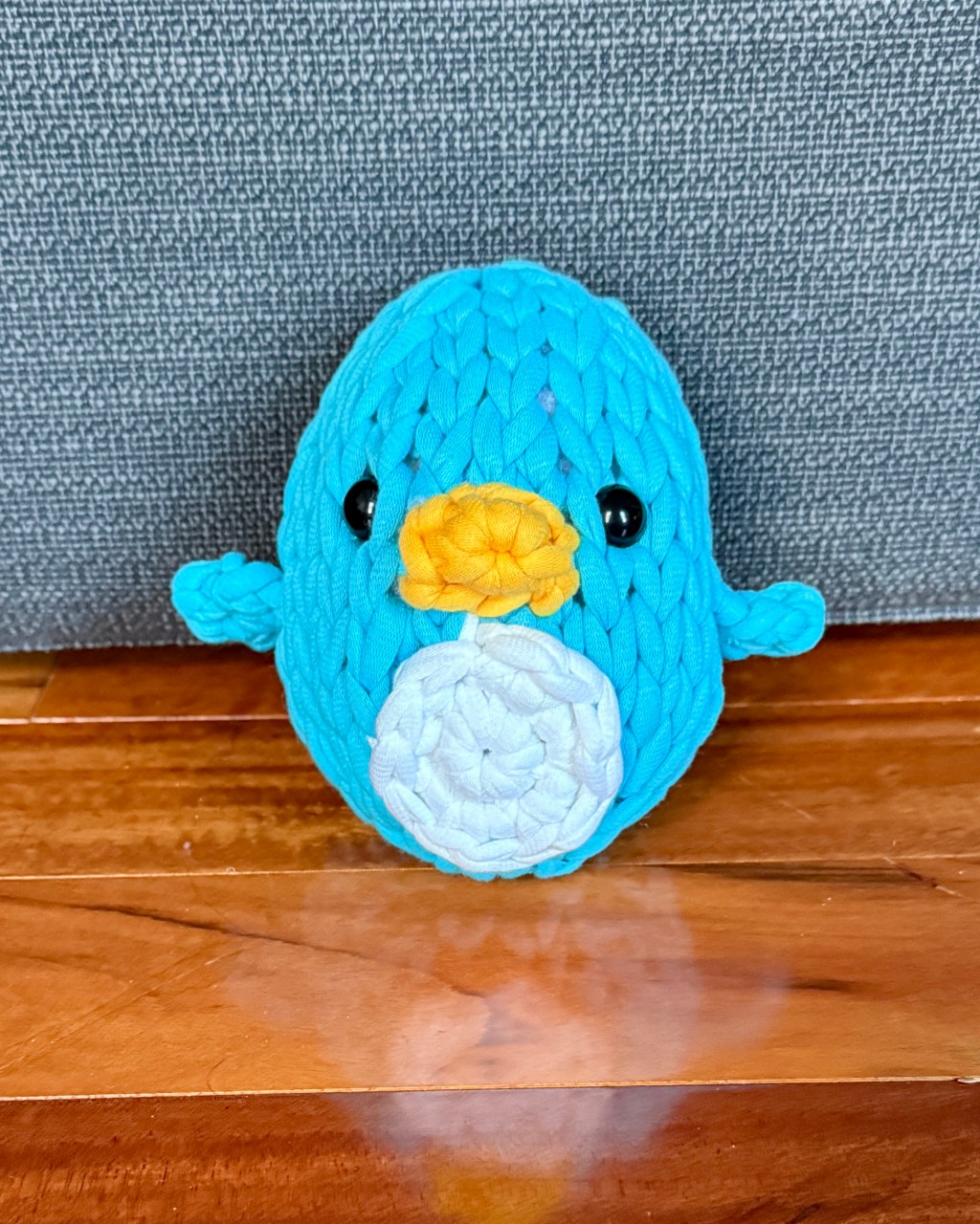 Pierre the Penguin finger-looped amigurumi plushie toy handmade finished object made from Woobles Loopables craft kit