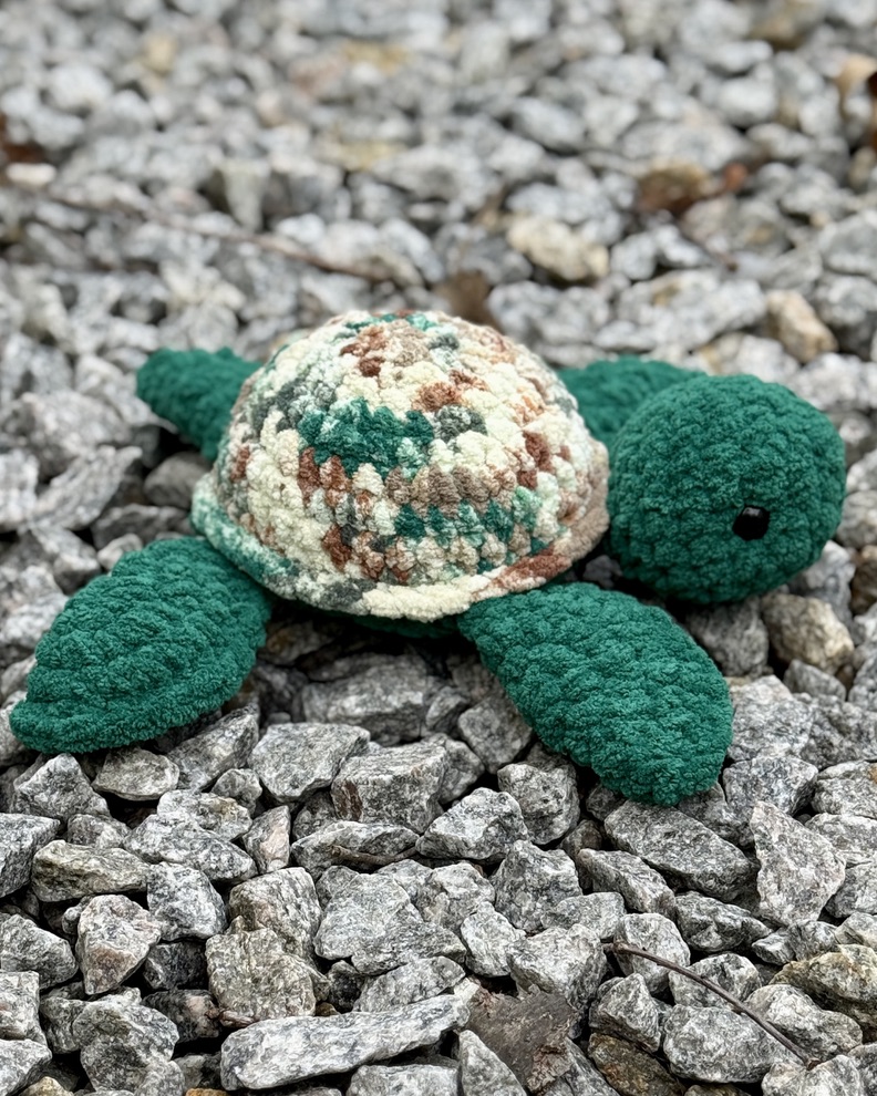 Tie-Dye Turtle crochet amigurumi plushie toy handmade craft finished object made with green and brown yarn