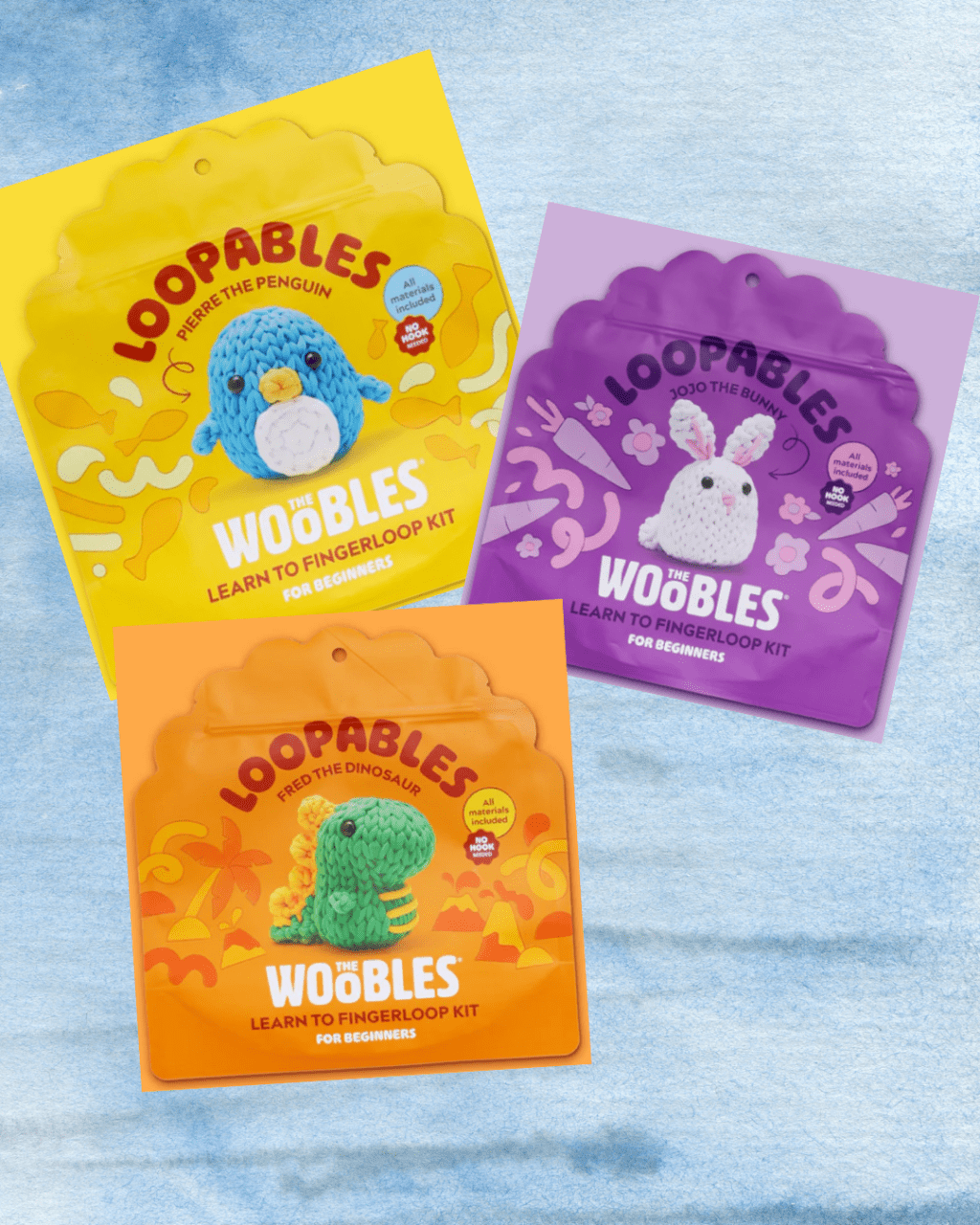 Bundle of 3 Loopables new finger looping craft kits from the Woobles: Pierre the Penguin, Fred the Dino, and Jojo the Bunny