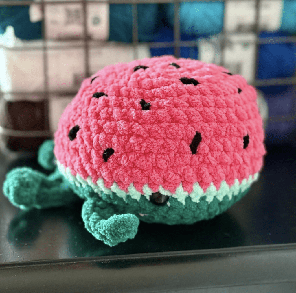 Sandy the Watermelon Whale crochet amigurumi plushie toy handmade craft finished object made with chenille yarn