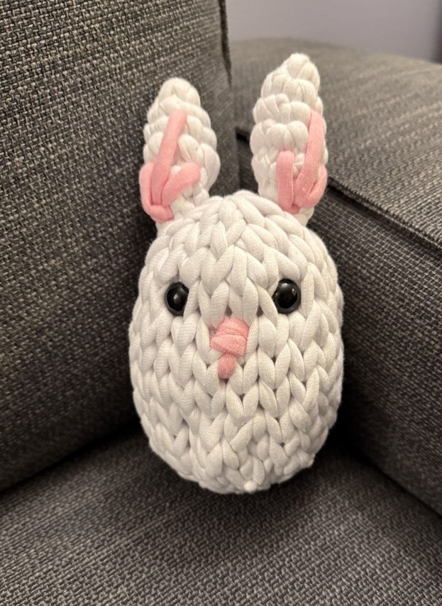 Jojo the Bunny finger-looped amigurumi plushie toy handmade finished object made from Woobles Loopables craft kit