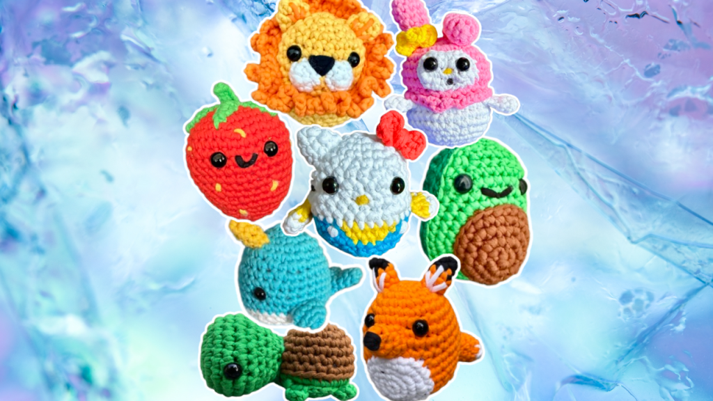 Collage of Woobles learn to crochet kit finished object amigurumi handmade plushies
