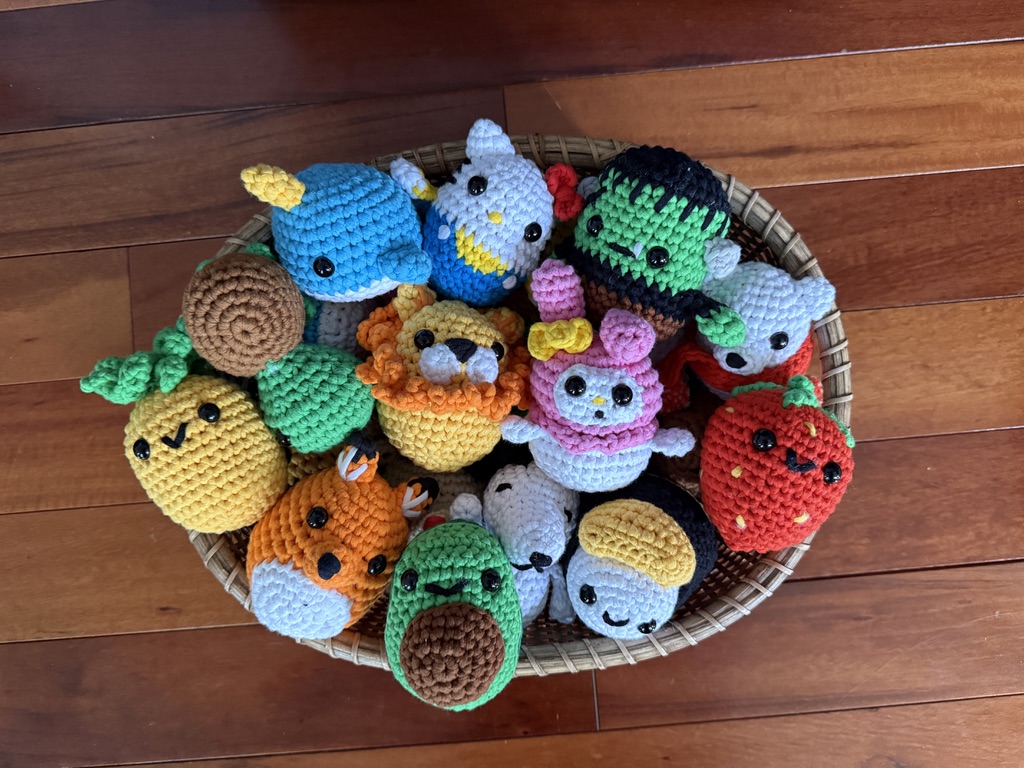 Basket of Woobles learn to crochet kit plushie handmade amigurumi finished objects