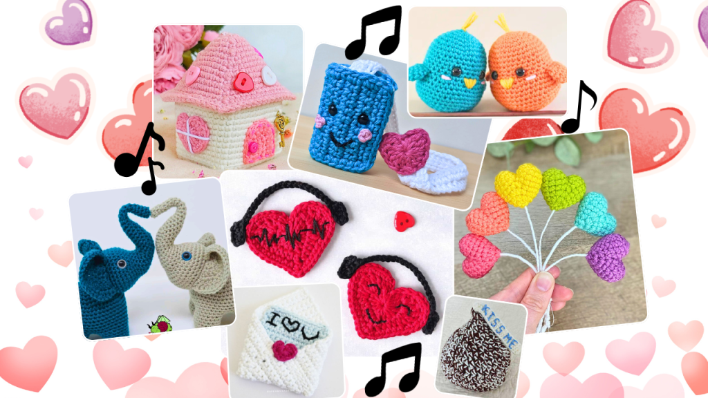 Collage of love song-inspired free crochet patterns