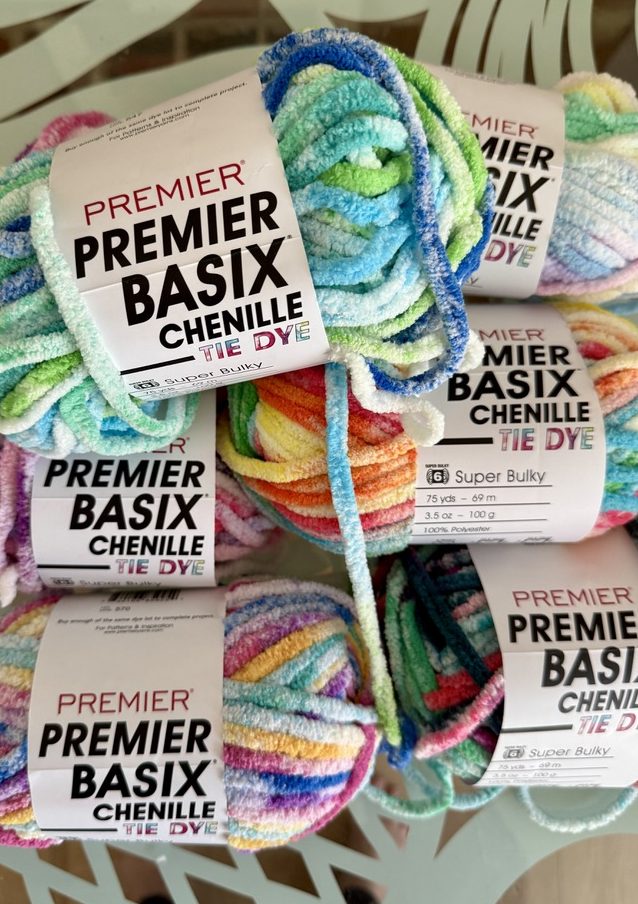 Colorful skeins of Premier Basix Chenille Tie Dye chunky yarn