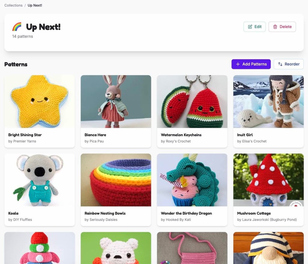 Stitch Haven pattern collection showing crochet and knitting patterns organized in a grid