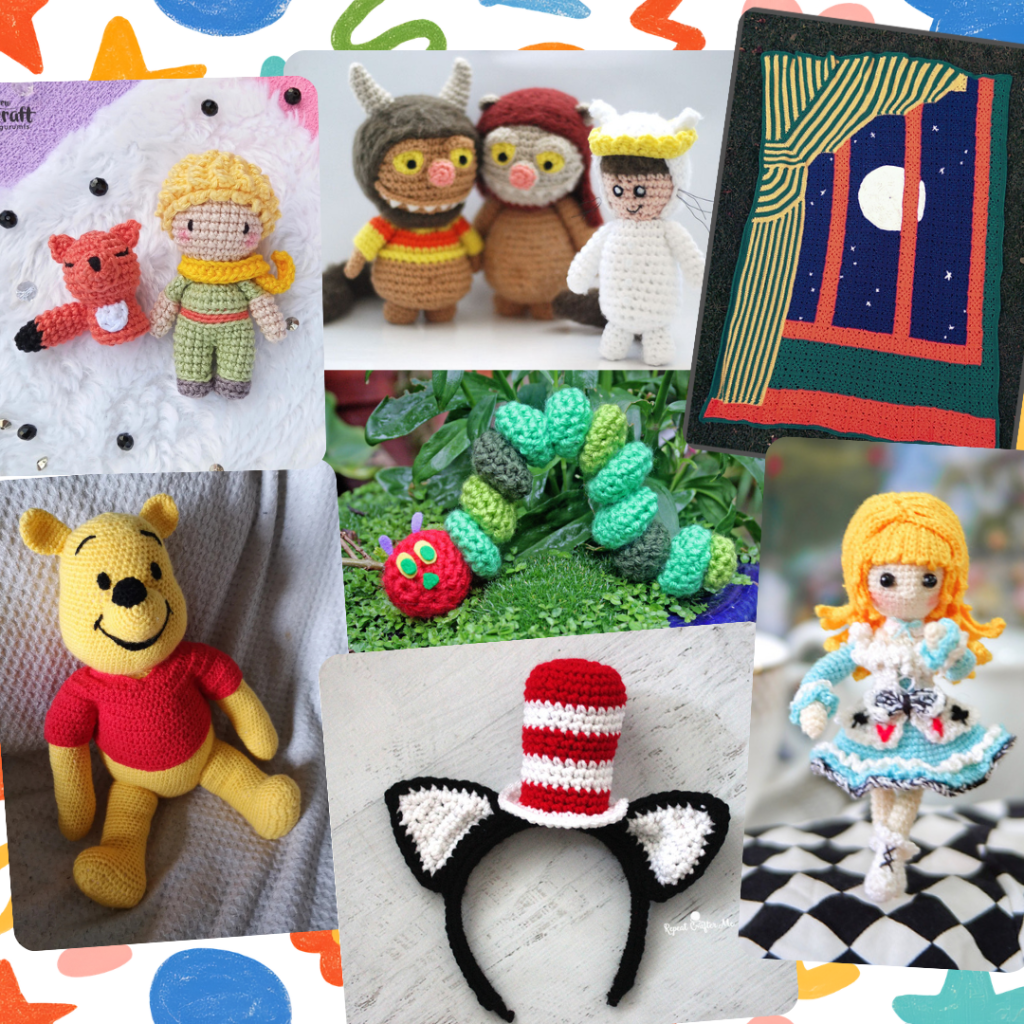 Collage of children's book-inspired free crochet and amigurumi patterns