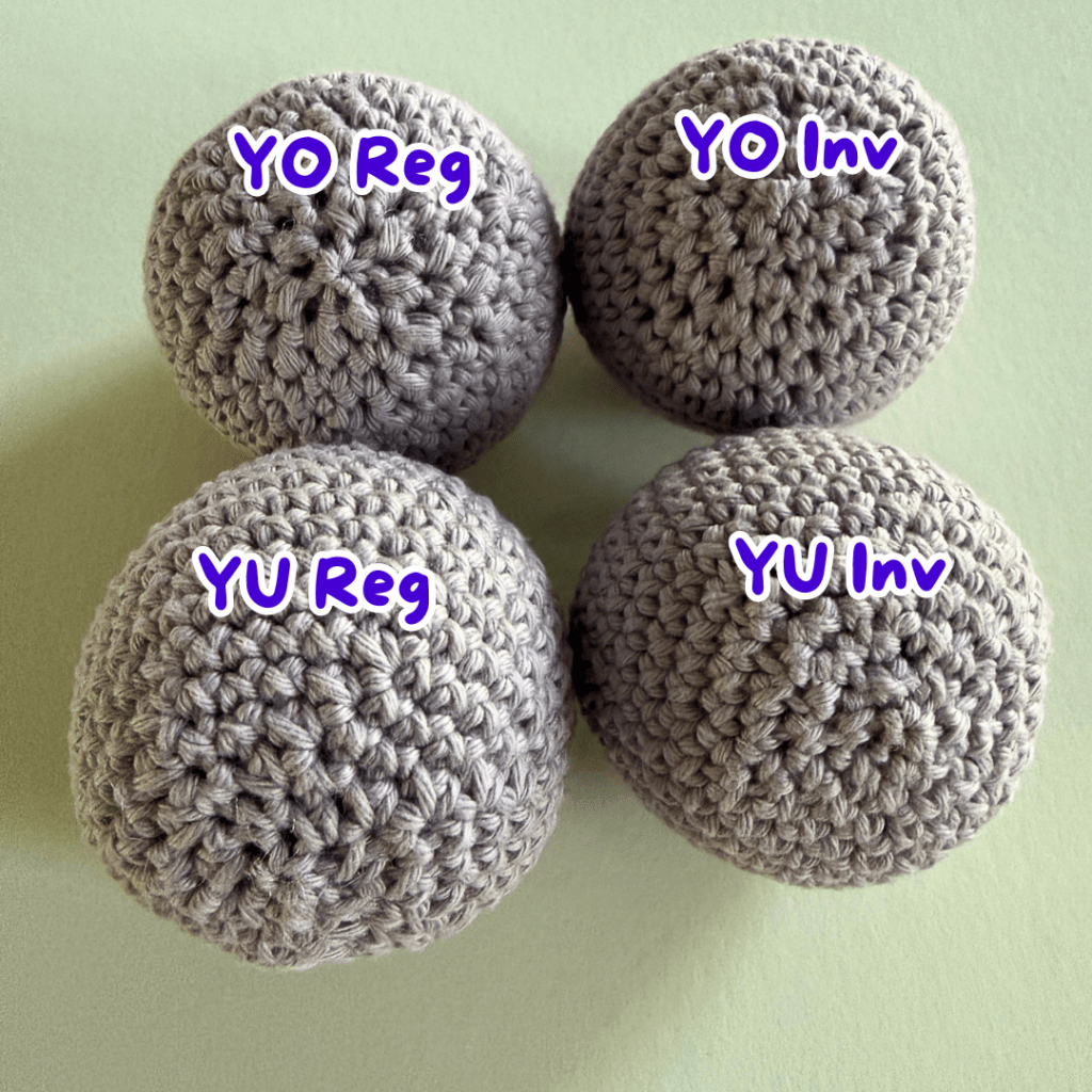 Four crochet spheres side by side comparing decrease methods: yarn over regular decrease, yarn over invisible decrease, yarn under regular decrease, and yarn under invisible decrease.