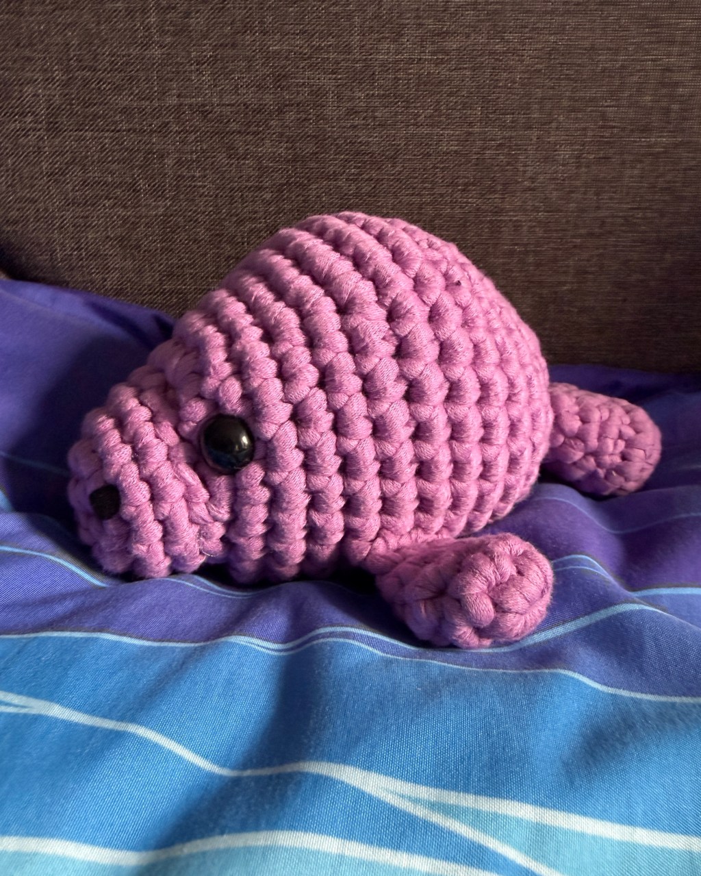 Phyllis the Manatee crochet amigurumi plushie toy handmade craft finished object made from Woobles Extra Squeezy learn to crochet kit