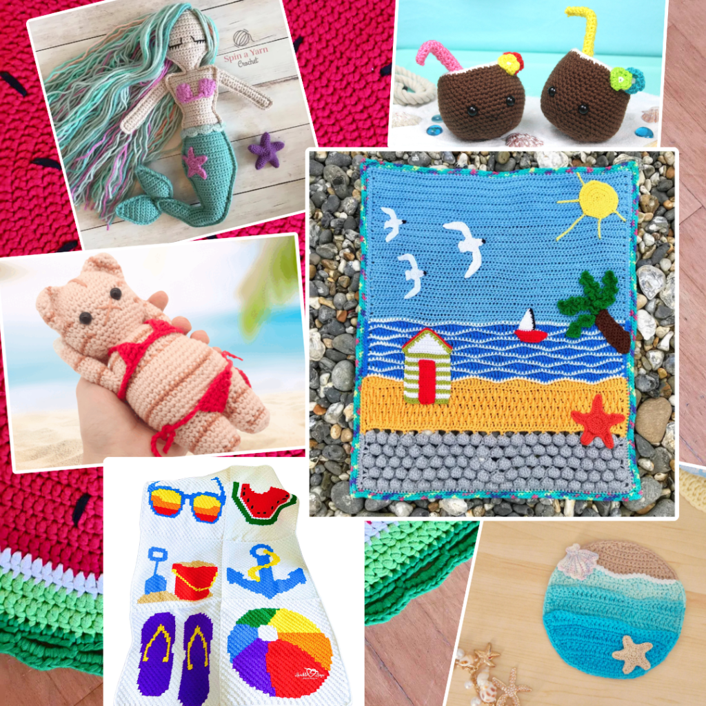 Collage of summer beach house inspired free crochet patterns