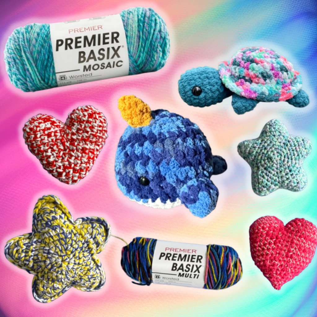 Collage of hearts, stars, a turtle, and a narwhal amigurumi crocheted with multi-colored variegated and marled yarns and couple of skeins of the yarn that was used.