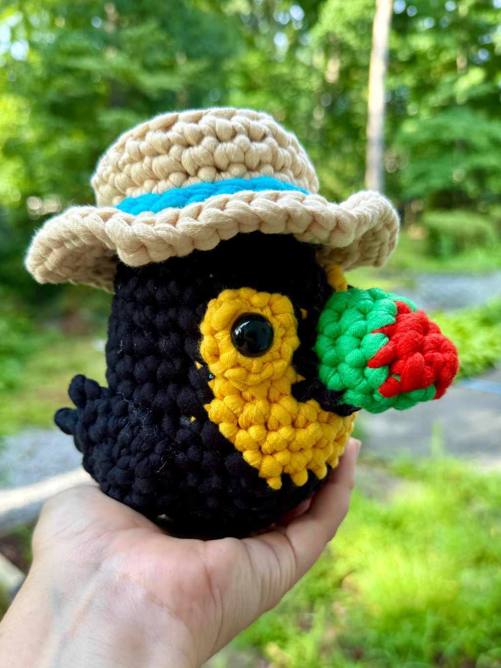 Mango the Toucan crochet amigurumi plushie toy handmade craft finished object made from Woobles Extra Squeezy learn to crochet kit