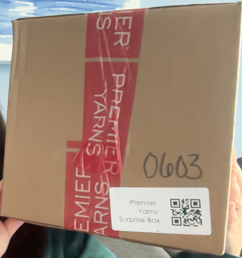 Sealed box with Premier Yarn tape and label indicating Premier Yarns Surprise Box