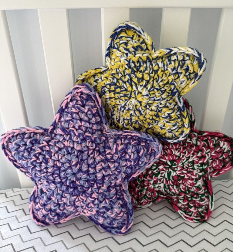 3 Marbled Star handmade crocheted amigurumi pillow plushies, made by marling 3 strands of yarn of different colors together