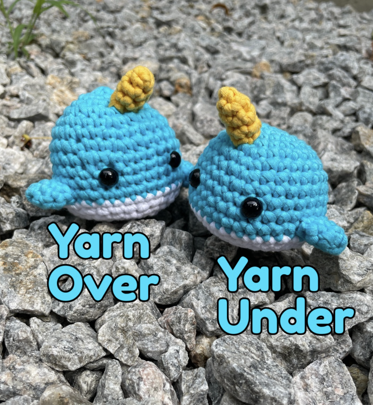 2 Bjørn the Narwhal crochet amigurumi plushie handmade crafts made from Woobles learn to crochet kits, 1 done with yarn over technique and 1 done with yarn under technique