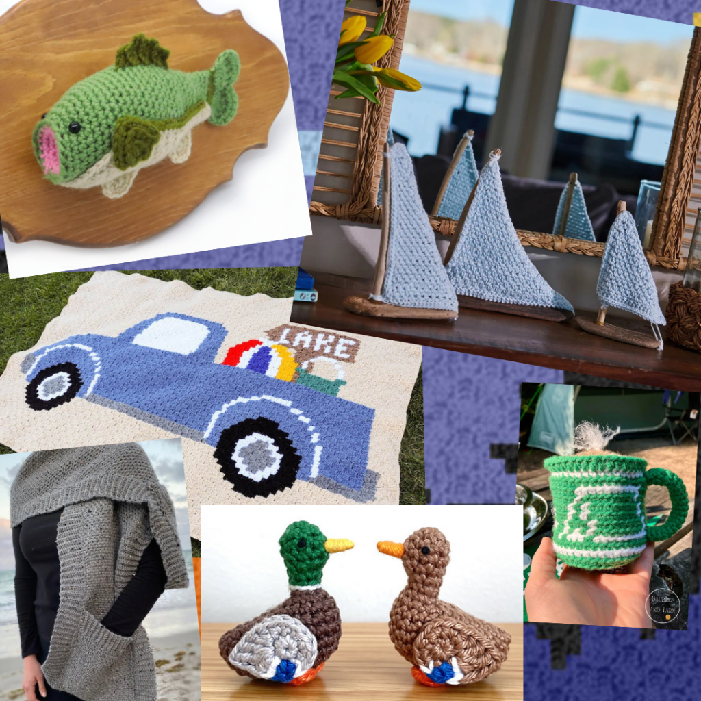 Collage of cozy lake house and cabin inspired free crochet patterns