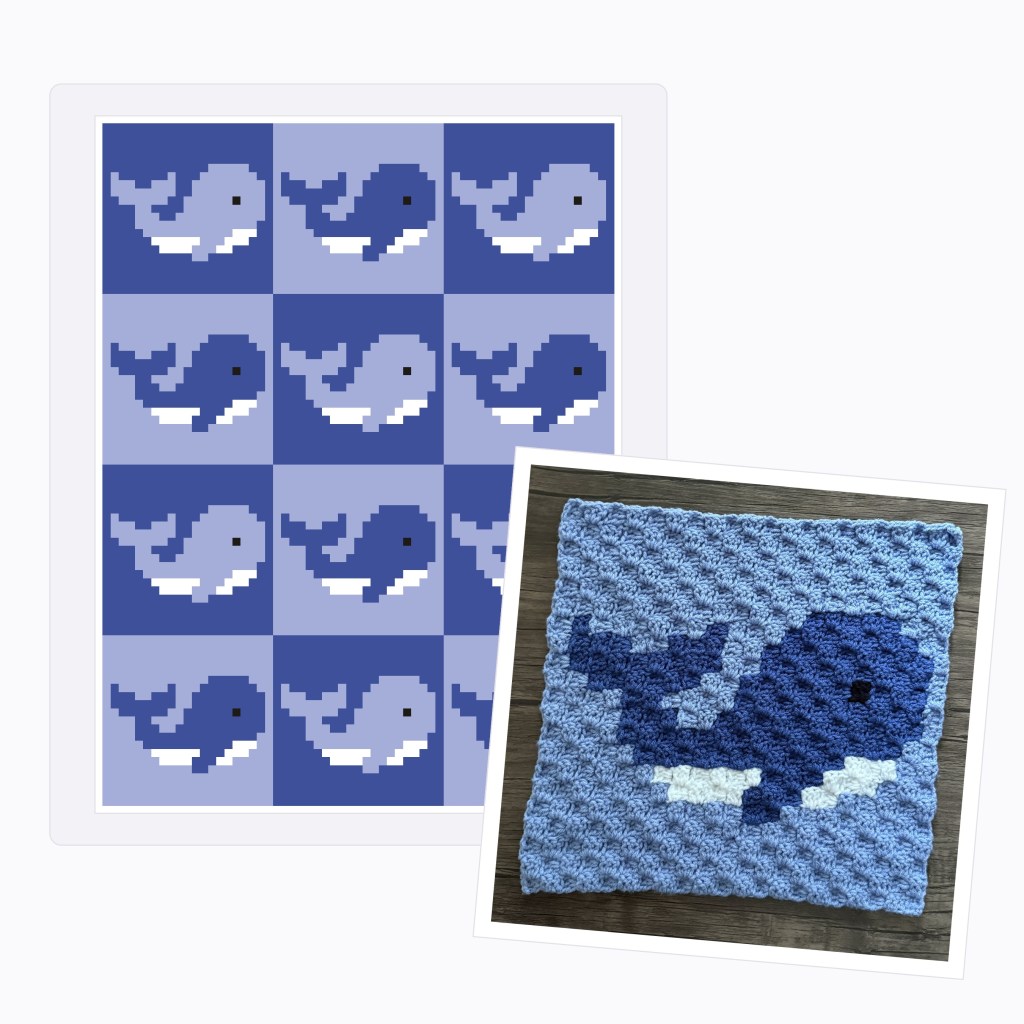 Crocheted blue whale C2C square shown with a full whale blanket layout