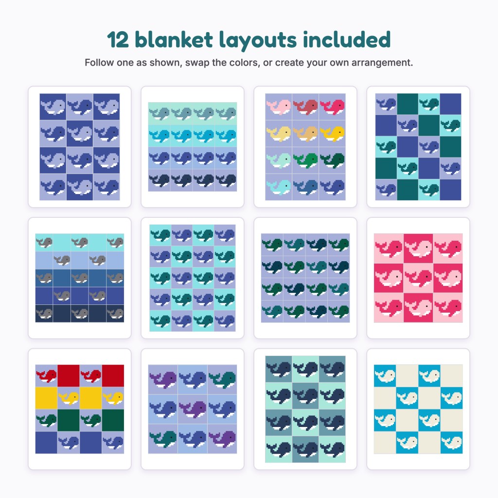 Twelve layout ideas for arranging whale and solid-color C2C blanket squares