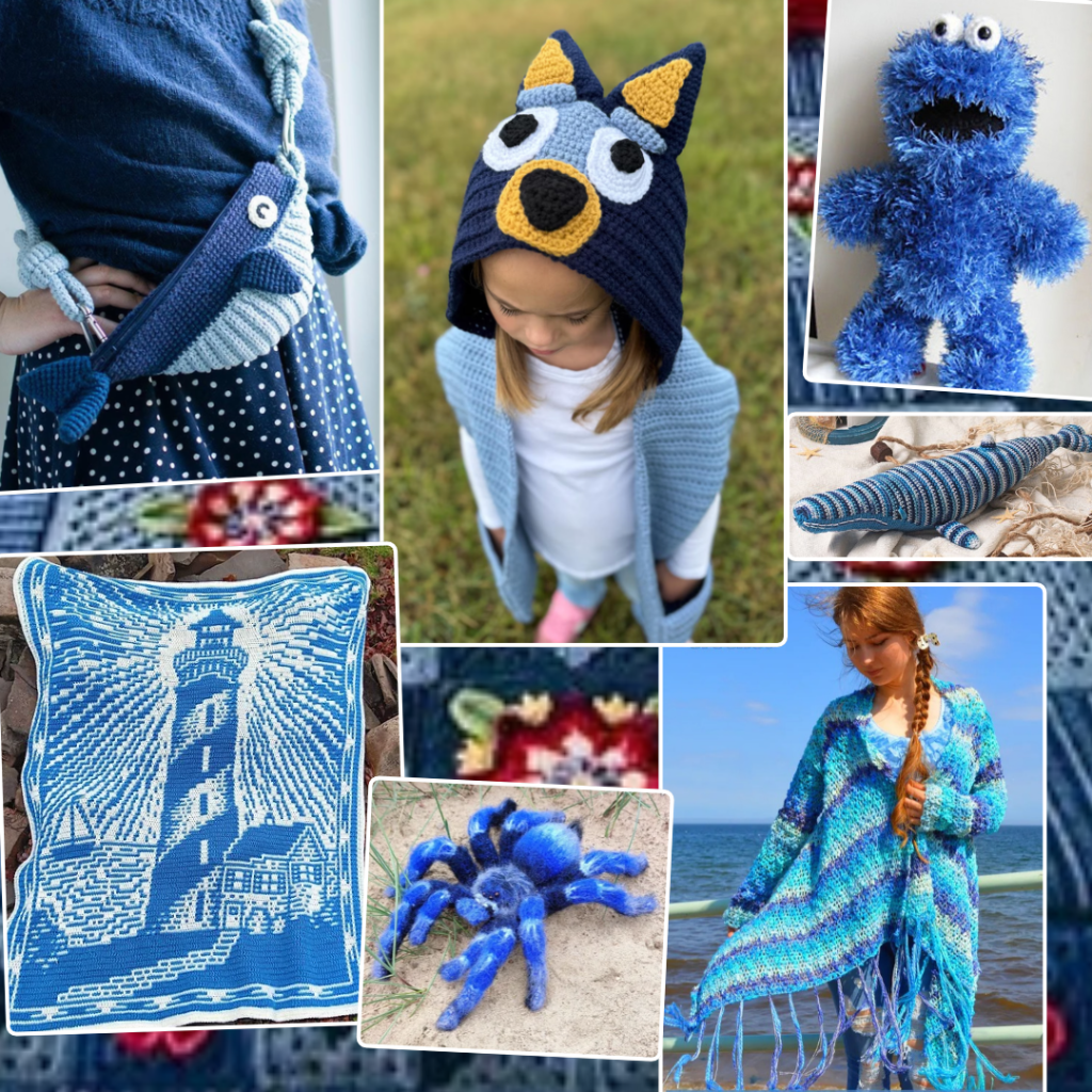 Collage of blue crochet patterns