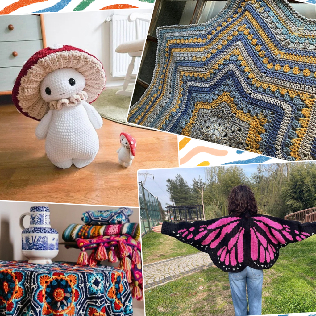 Collage of iconic crochet patterns featuring Mushroom Guy, two colorful blankets, and a pink monarch butterfly cardigan.
